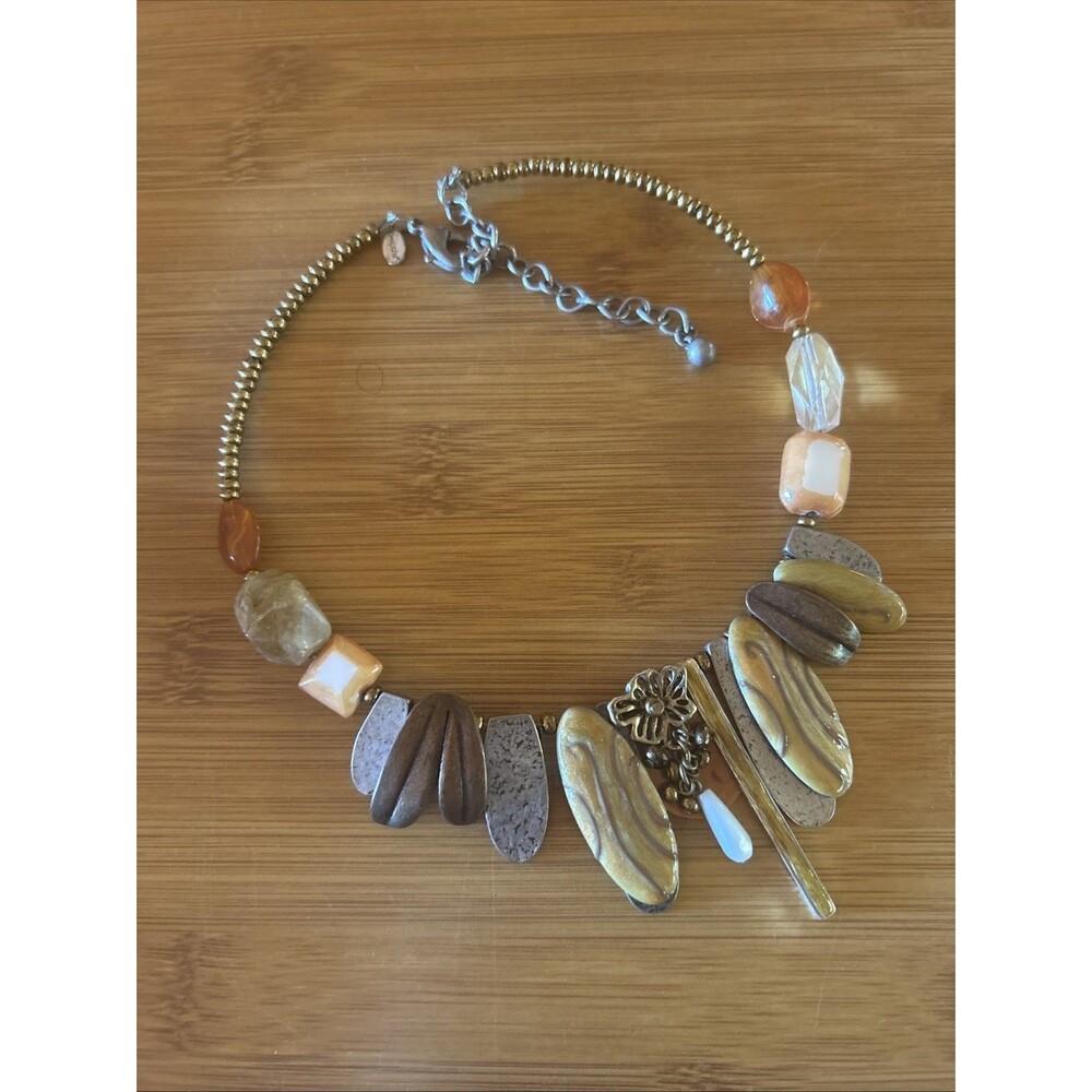 Chico’s Amber Gold Copper Choker Necklace Charm Beads Boho Gypsy Signed